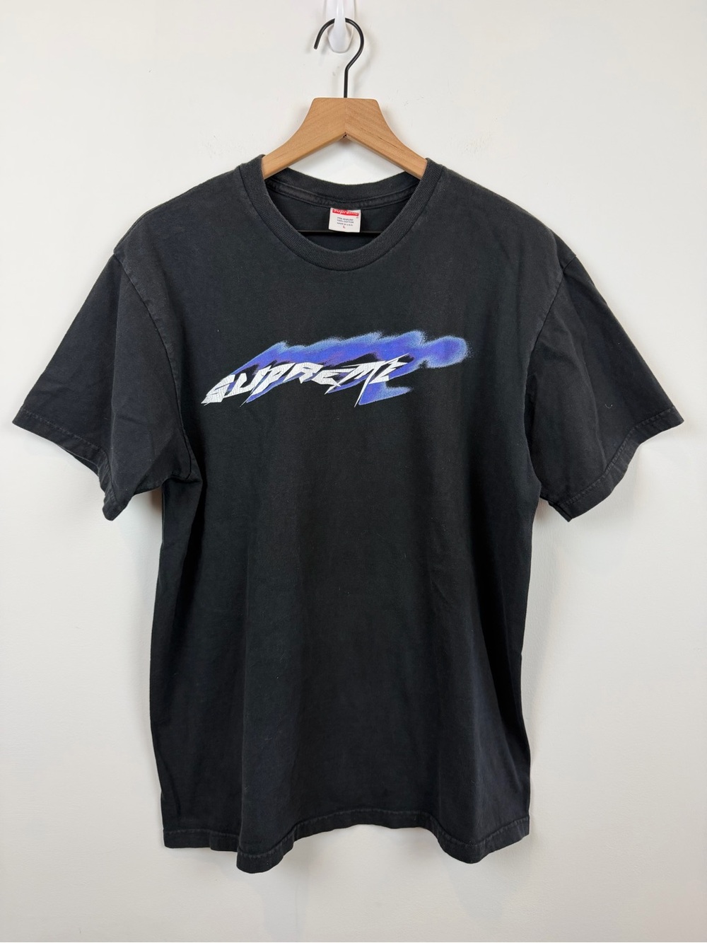 Supreme Wind Black T-Shirt with Blue and White Graphic Logo